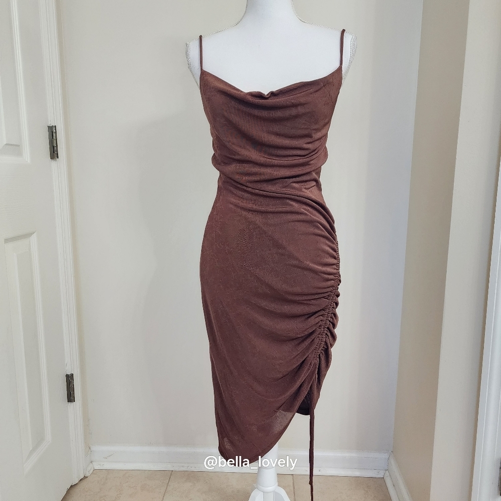 Deep Mocha Hourglass Elegant Brown Ruched Dress With Ties
